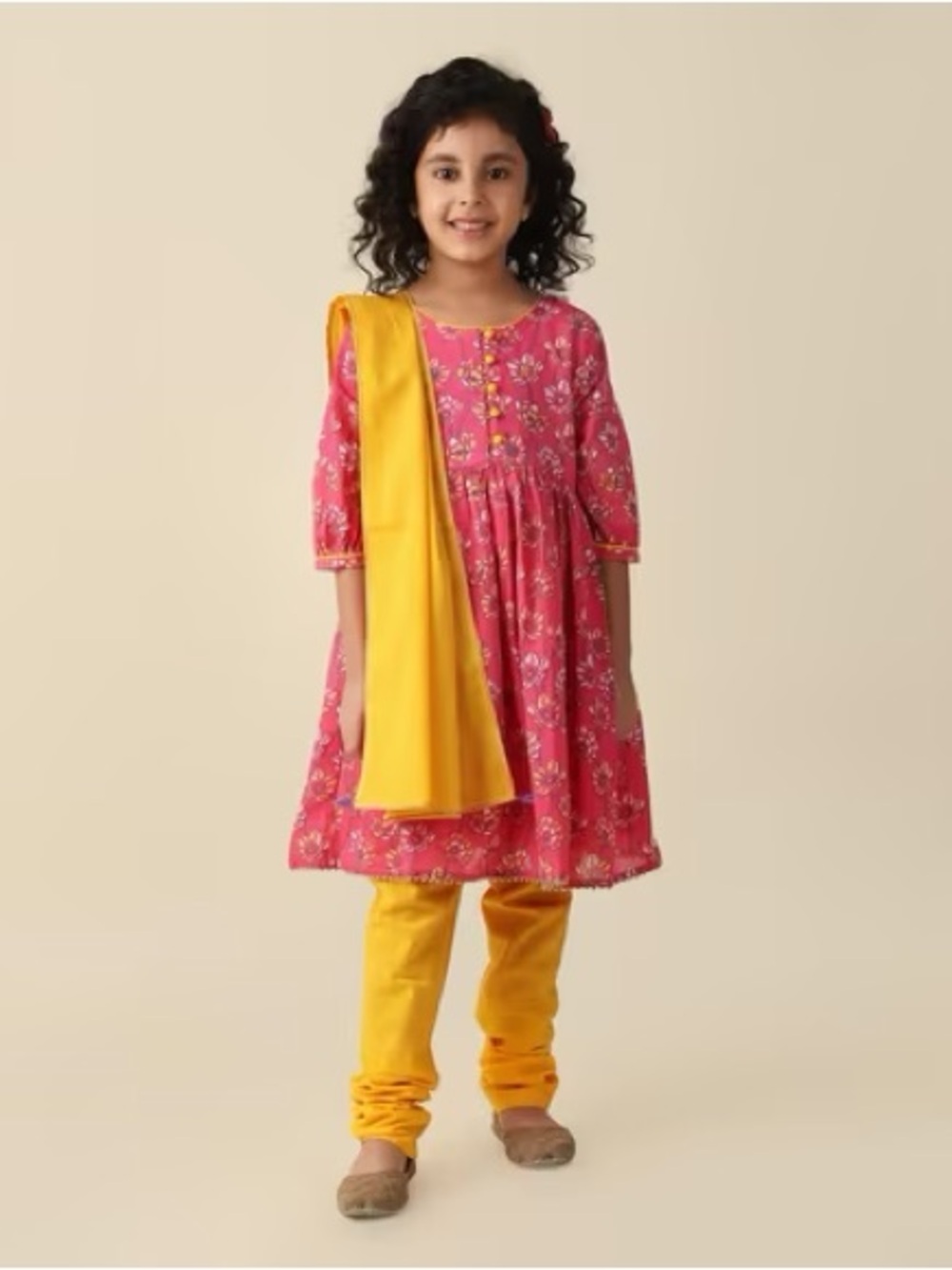 NWT FabIndia 3-piece Cotton Printed Churidar Set (pink & yellow) girls size 6-8